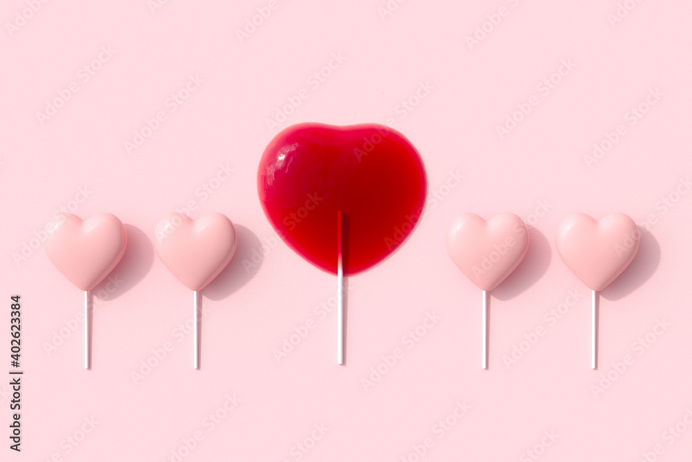 Outstanding Melt Red Heart Shape of Candy lollipop with pink heart spapes on pink background. 3D Render. Minimal Valentine Concept Idea.