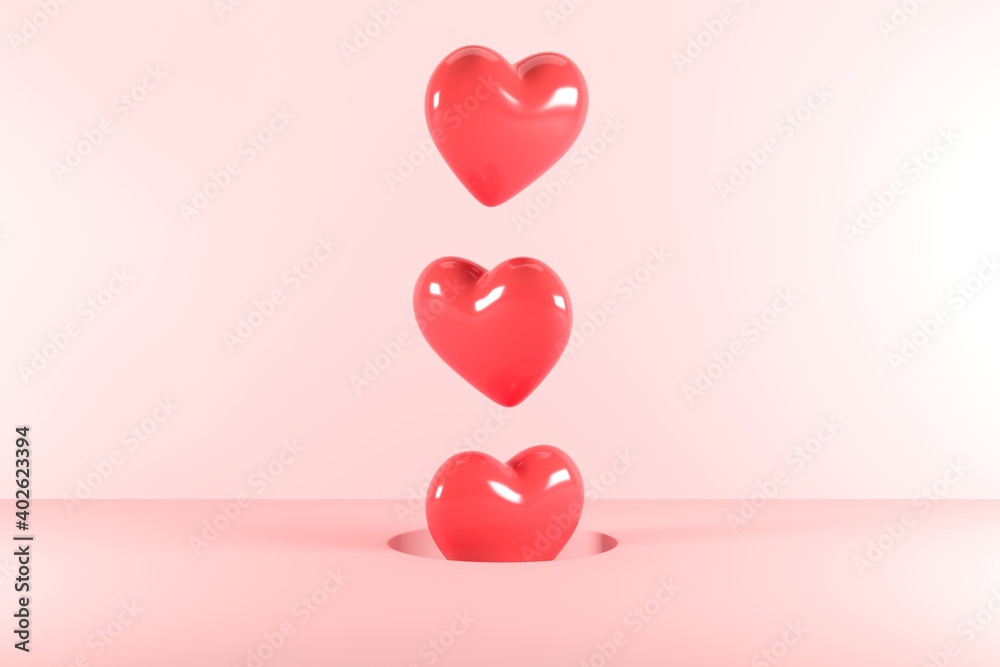 Red Heart Shapes Floating from hole on pink background. 3D Render. Minimal Valentine Concept Idea.