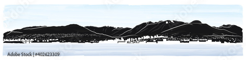 North shore mountains in Vancouver British Columbia, Canada. Panorama illustration with view from East Vancouver, overseeing North Vancouver, West Vancouver and local mountains. Touristic guide.