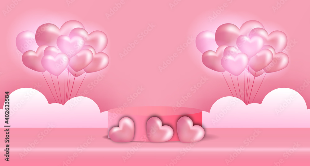 valentine's day card banner advertising with podium product display 3d cylinder and 3d heart shape, heart shape balloon illustration