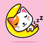 cute lucky cat character design sleeping on crescent moon