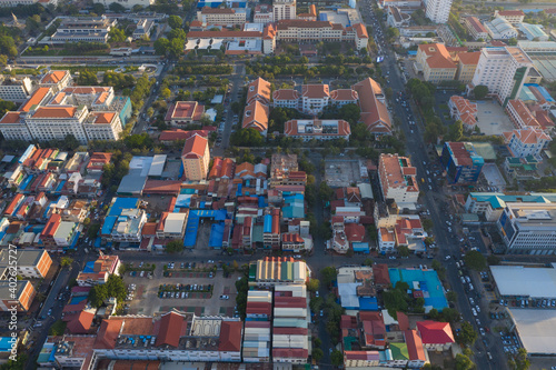 Phnompenh capital of Cambodia on the sunset with beautiful landscape by drone