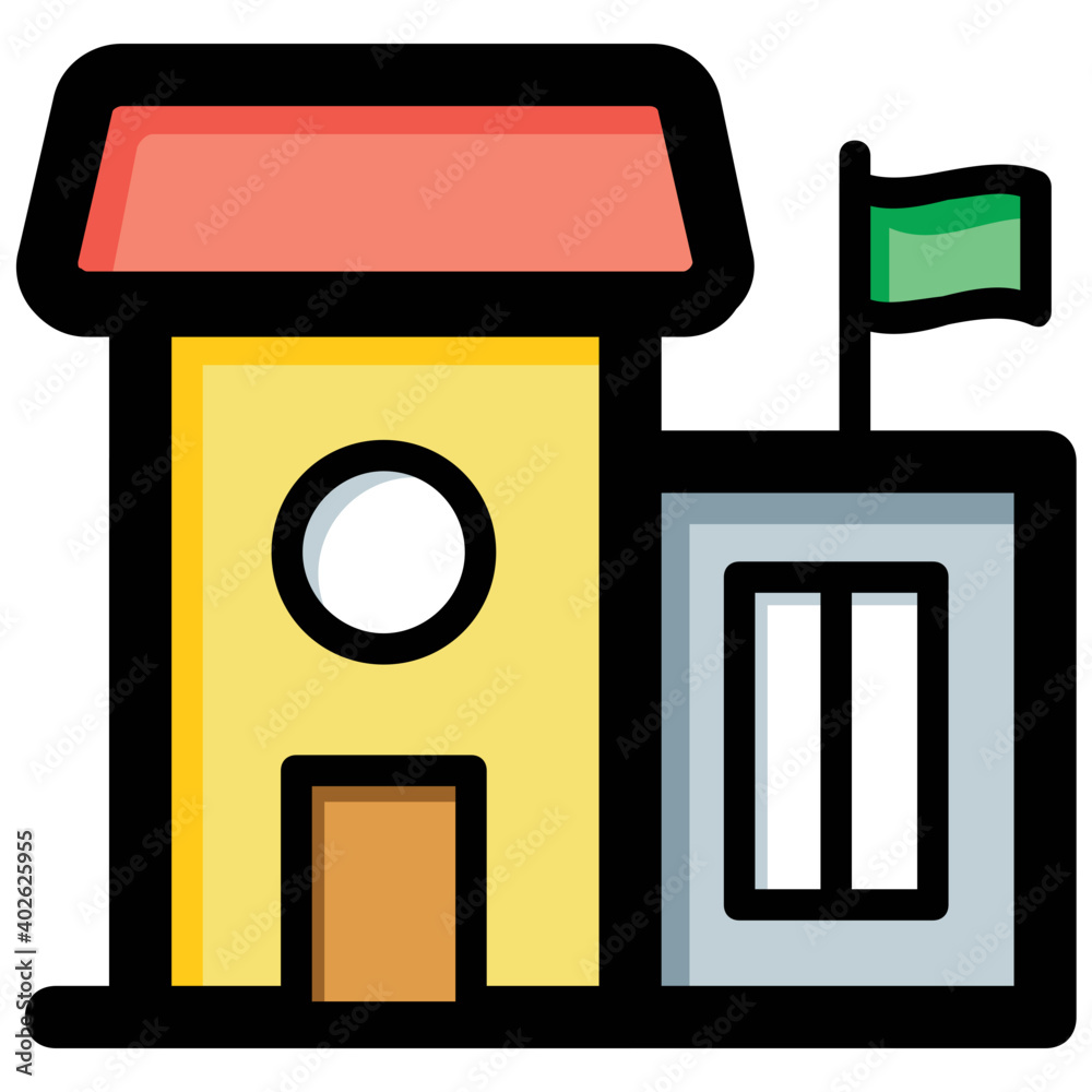 A flat vector icon of a building adjoined to another with a flag on it A flat vector icon of a building adjoined to another with a flag on it