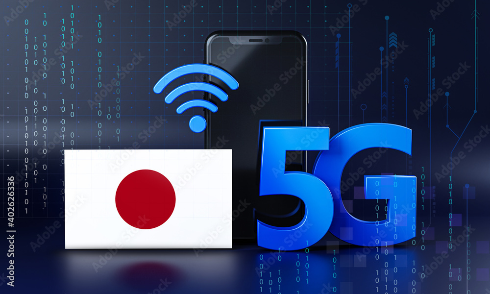 Japan Ready for 5G Connection Concept. 3D Rendering Smartphone Technology Background Japan Ready for 5G Connection Concept. 3D Rendering Smartphone Technology Background
