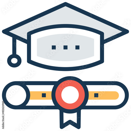 Mortarboard and diploma scroll, flat design for education, graduation, university, academy and school