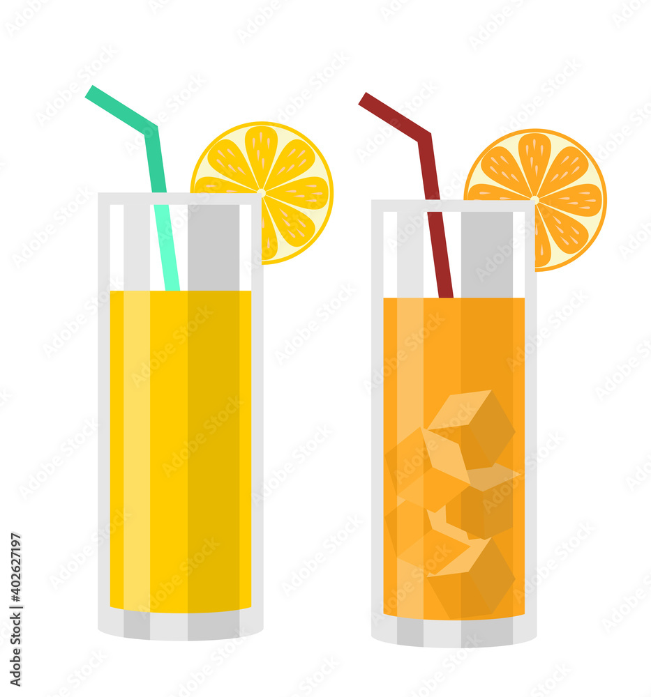 Natural fresh orange juice in a glass. Drink with orange. Orange slice, tube for drinking. Citrus fruit. Vector illustration flat design. Isolated on white background. Taking vitamins. Natural fresh orange juice in a glass. Drink with orange. Orange slice, tube for drinking. Citrus fruit. Vector illustration flat design. Isolated on white background. Taking vitamins.
