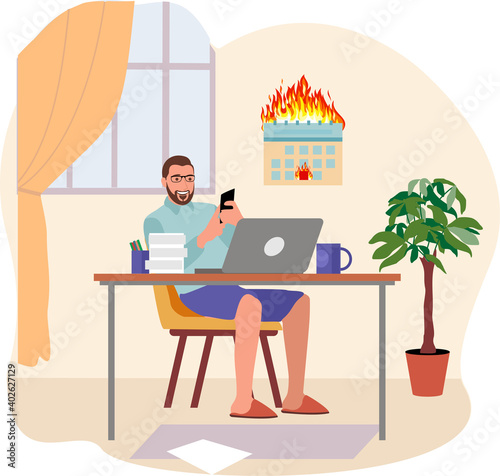 Remote work disadvantages. Freelancer sitting on desk surfing internet use smartphone vector flat illustration. Man, guy procrastinating at home office isolated on white.