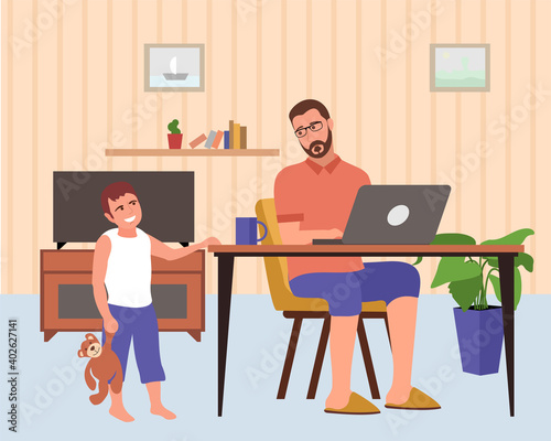  hildren interfere with work, difficulties with remote work. Son interferes with dad s work, quarantine. Man working remotely from home use computer. Vector flat style illustration.