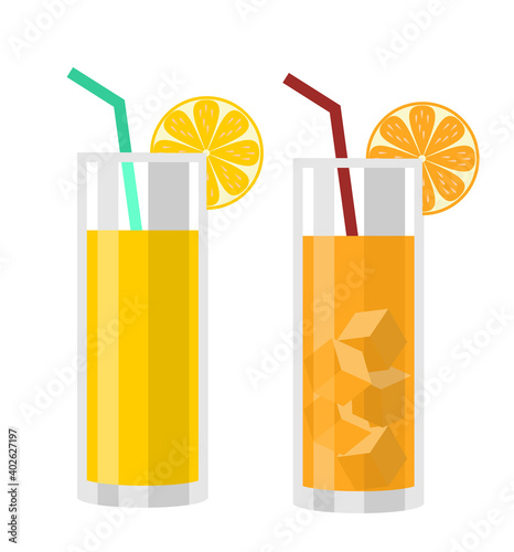 Natural fresh orange juice in a glass. Drink with orange. Orange slice, tube for drinking. Citrus fruit. Vector illustration flat design. Isolated on white background. Taking vitamins.