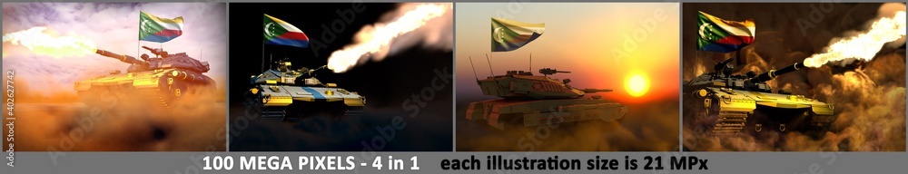 4 illustrations of high resolution modern tank with fictional design and with Comoros flag - Comoros army concept, military 3D Illustration