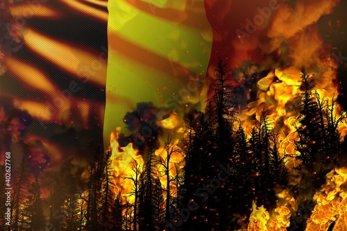 Big forest fire fight concept  natural disaster - infernal fire in the trees on Belgium flag background - 3D illustration of nature