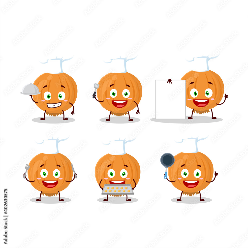 Cartoon character of onion with various chef emoticons Cartoon character of onion with various chef emoticons
