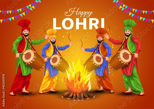  Happy Lohri festival of Punjab India background. vector illustration group of people playing lohri dance.