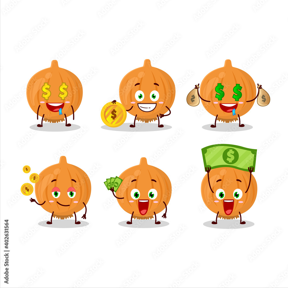 Onion cartoon character with cute emoticon bring money