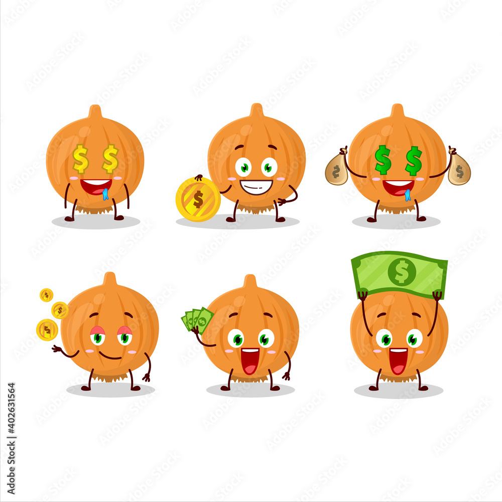 Onion cartoon character with cute emoticon bring money Onion cartoon character with cute emoticon bring money