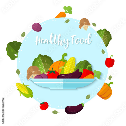 Illustration Vegetable on a plate minimal style , Healthy food vector , raw materials for cooking , organic vegetable