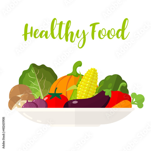 Illustration Vegetable on a plate minimal style isolated on white background , Healthy food vector , raw materials for cooking , organic vegetable