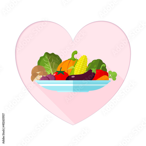 Illustration Flat Vegetable on a plate minimal style with Paper Art Heart shape, Healthy food vector , raw materials for cooking , organic vegetable , health care concept