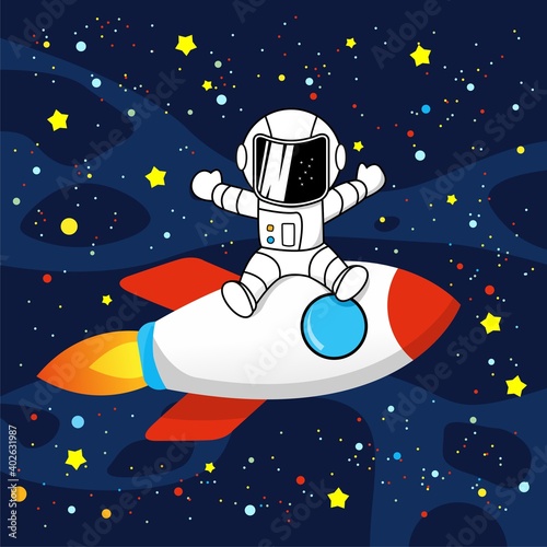 astronaut flying in space with rocket in space full of colorful stars vector illustration logo design