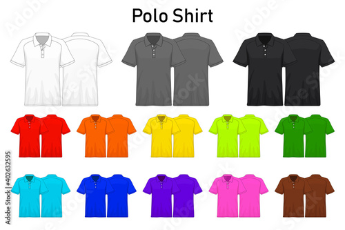 Polo Shirt color collection set for your design , mockup advertising , blank for printing , vector illustration , white black grey red orange yellow green blue purple pink brown color