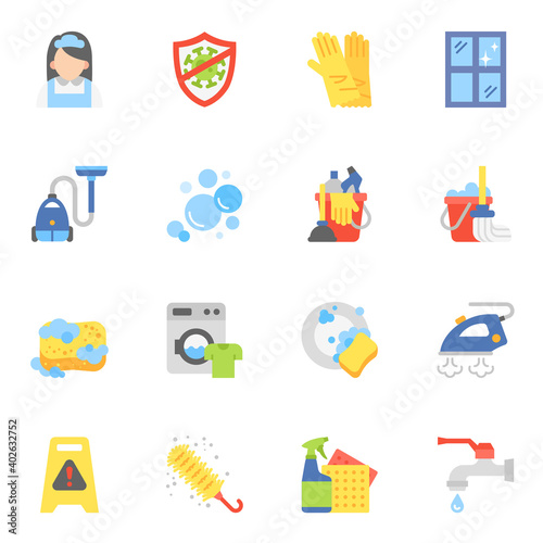 Cleaning flat icons set 1. Laundry and Vacuum cleaner. Washing machine.