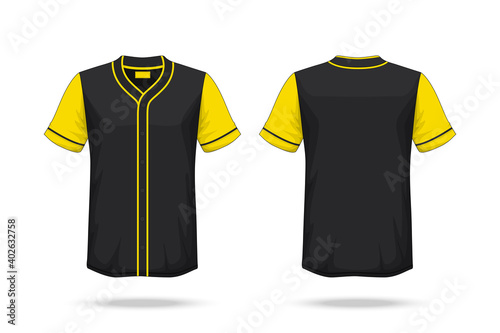 Specification Baseball T Shirt yellow black Mockup  isolated on white background , Blank space on the shirt for the design and placing elements or text on the shirt , blank for printing , illustration