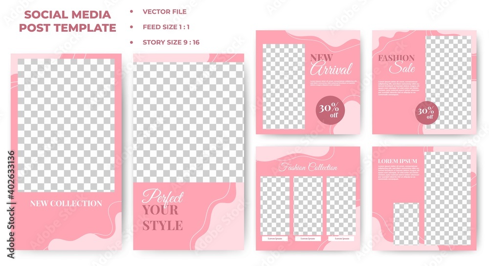 Set of Editable square banner design. Pink background with abstract shape line decoration. Fashion social media post template with a photo collage. Usable for social media feed, story, and banner.