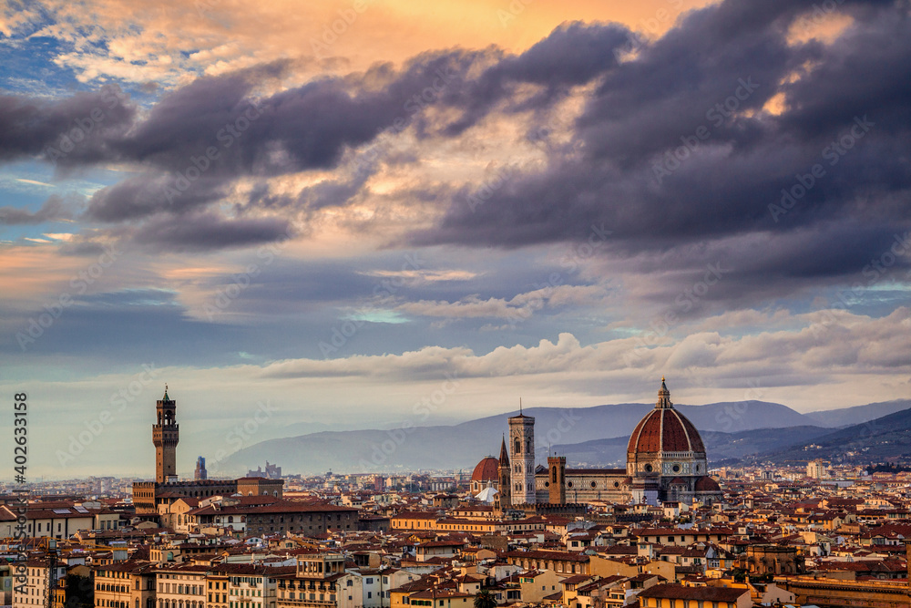 Sunset view of the Duomo in Florence, Italy seen from the Piazzale Michelangelo