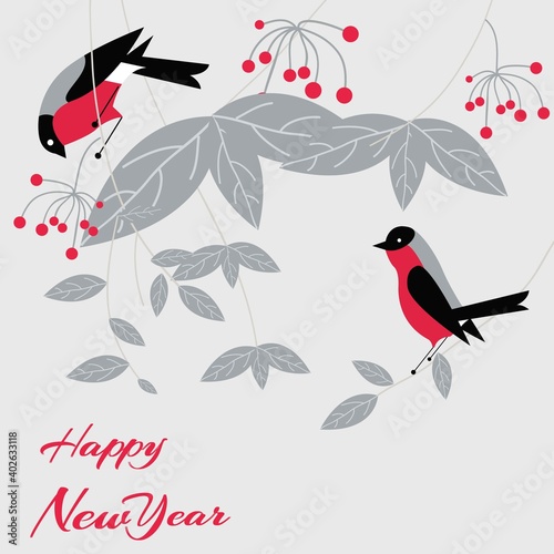 Merry Christmas and Happy New Year vector postcard design, cute bullfinches birds
