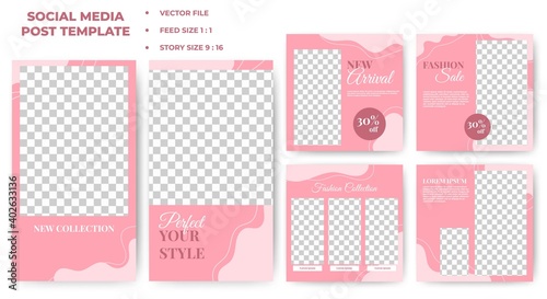 Set of Editable square banner design. Pink background with abstract shape line decoration. Fashion social media post template with a photo collage. Usable for social media feed, story, and banner.