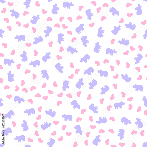 Vector seamless pattern with cute hippos ana heart by kids clothe, caps, wrapping on white background