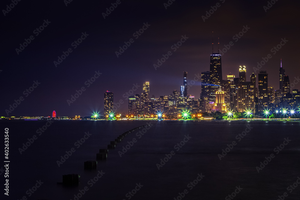 Chicago at twilight seen from the shores of Lake Michigan
