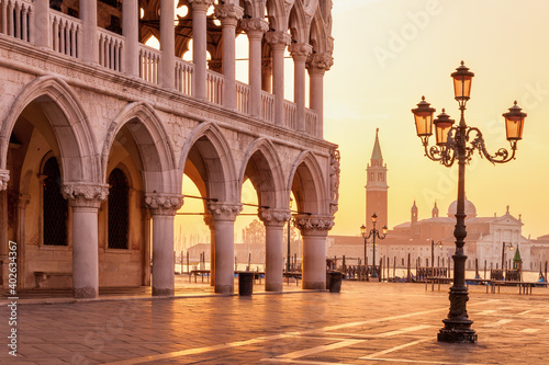 Fototapeta Naklejka Na Ścianę i Meble -  Morning light over San Giorgio Maggiore island seen from St Mark's Square in Venice, Italy