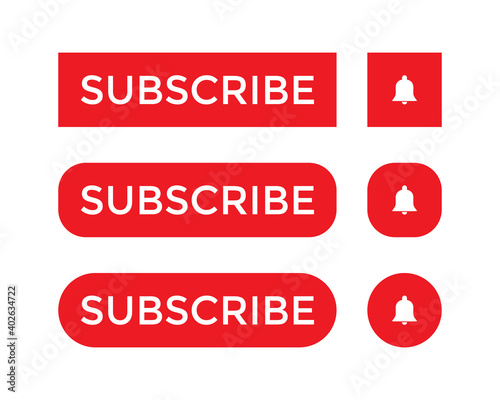 Button Icon Set for Channel. Red Subscribe with Bell in Flat Style Isolated on White Background