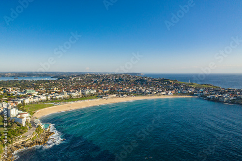 Aerial drone view of iconic Bondi Beach in Sydney, Australia during summer on a sunny morning 