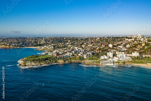 Aerial drone view of Mackenzies Point and iconic Bondi Beach in Sydney, Australia during summer on a sunny morning 