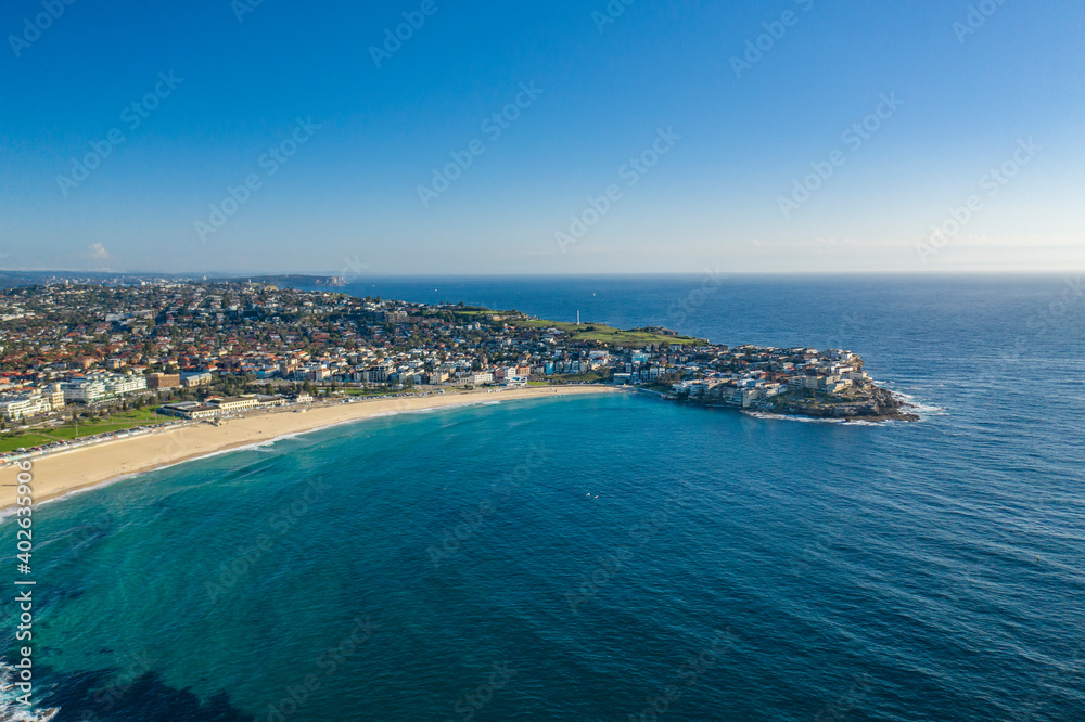 Aerial drone view of iconic Bondi Beach in Sydney, Australia during summer on a sunny morning 