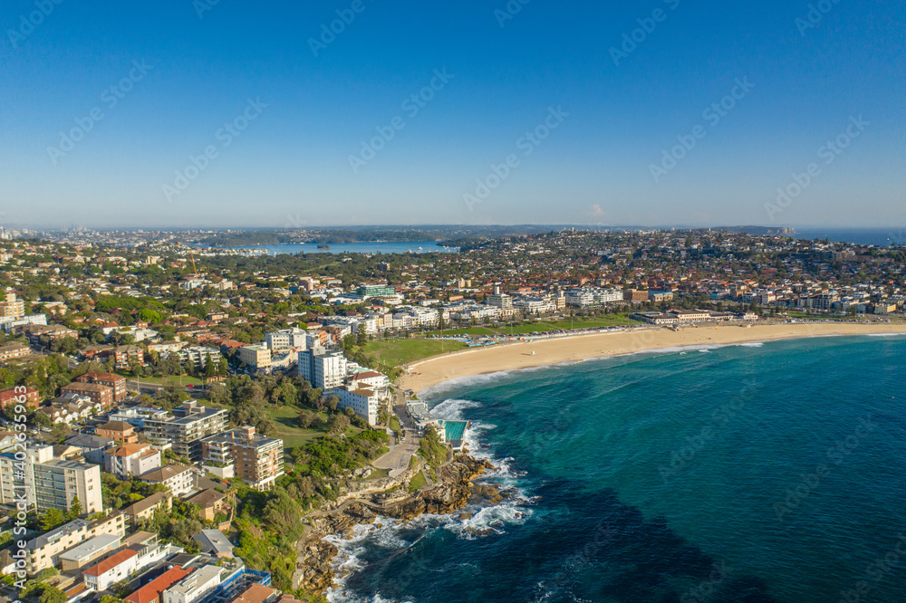 Aerial drone view of iconic Bondi Beach in Sydney, Australia during summer on a sunny morning 