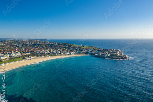 Aerial drone view of iconic Bondi Beach in Sydney, Australia during summer on a sunny morning 