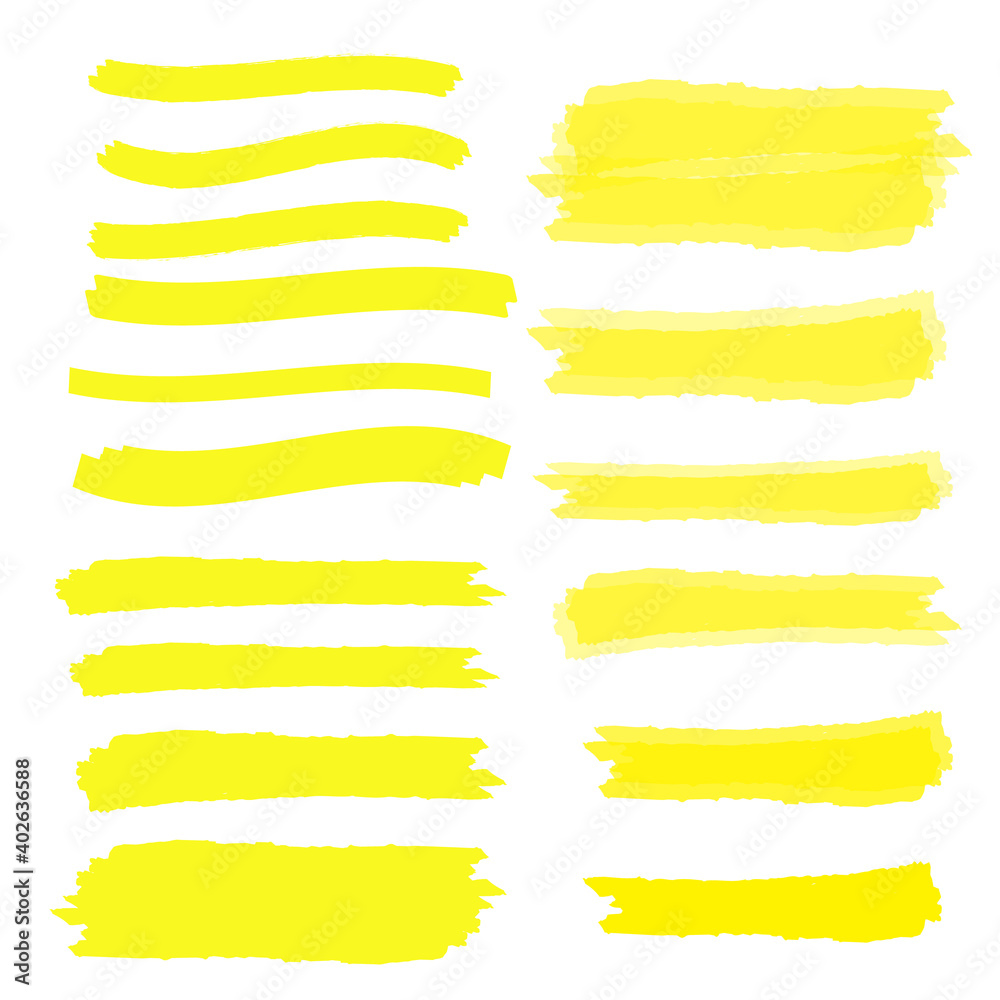 Vector yellow highlighter brush lines. Brush pen underline. Yellow watercolor hand drawn highlight Vector yellow highlighter brush lines. Brush pen underline. Yellow watercolor hand drawn highlight