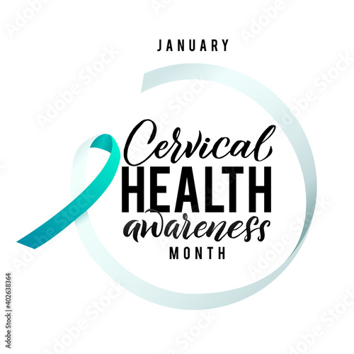 Cervical Cancer Vector Illustration. Ribbon around letters. Vector Stroke White and Teal Ribbon. January is Cervical Cancer Awareness Month