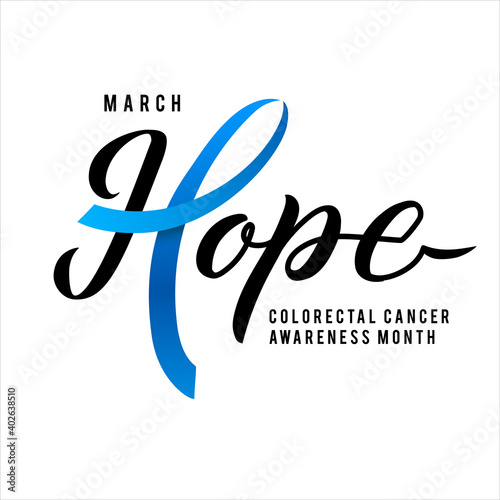 Colorectal Health Awareness Month Vector Illustration. Ribbon around letters. Vector Stroke Blue Ribbon. March is Cancer Awareness Month