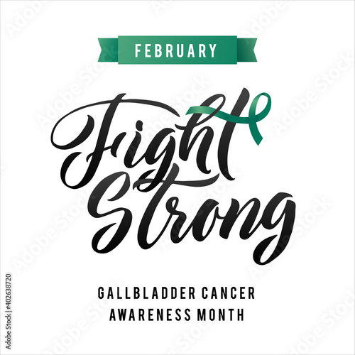 Vector Gallbladder Cancer Awareness Calligraphy Poster Design. Stroke Green Ribbon. February is Cancer Awareness Month