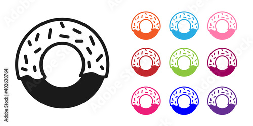 Black Donut with sweet glaze icon isolated on white background. Set icons colorful. Vector.