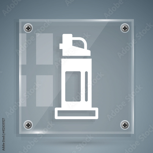 White Pepper spray icon isolated on grey background. OC gas. Capsicum self defense aerosol. Square glass panels. Vector.