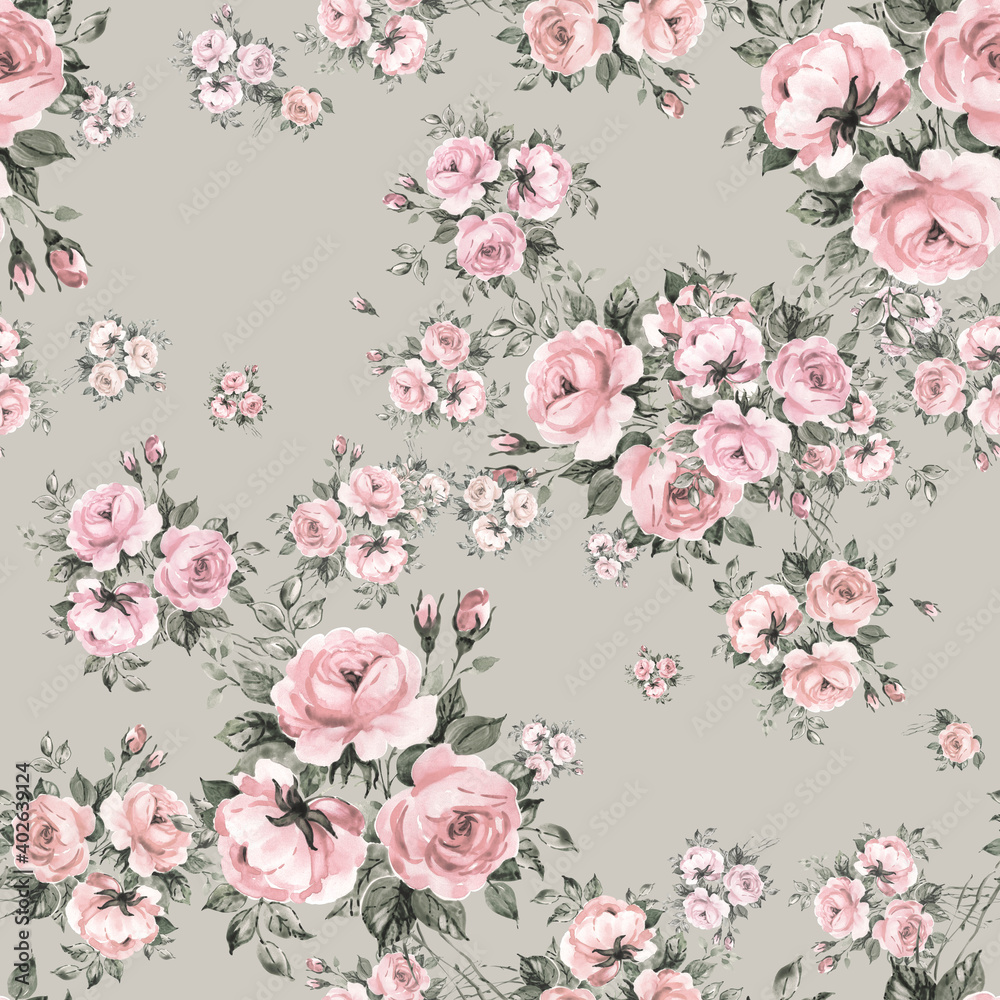 Fototapeta Abstract floral seamless print beautiful bouquets of roses drawn by paints with buds and foliage
