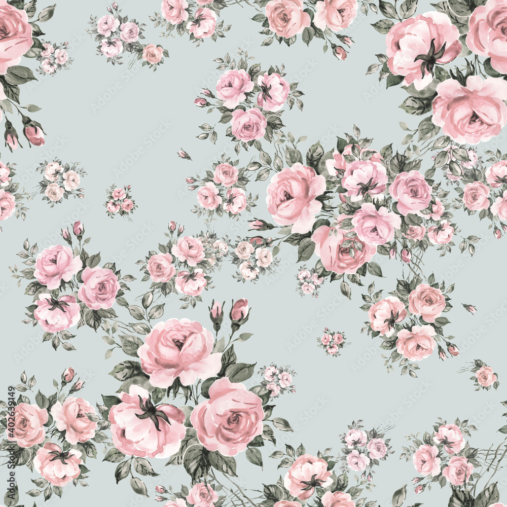Abstract floral seamless print beautiful bouquets of roses drawn by paints with buds and foliage Abstract floral seamless print beautiful bouquets of roses drawn by paints with buds and foliage