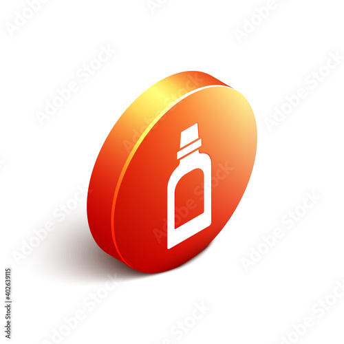 Isometric Plastic bottle for laundry detergent, bleach, dishwashing liquid or another cleaning agent icon isolated on white background. Orange circle button. Vector.