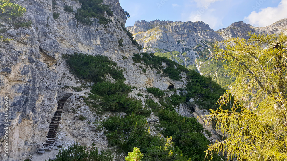 A close up view on the steep slopes of Italian Dolomites. The slopes are stony, partially covered with small plants. A few tree branches in the view. Sunny and bright day. Shap and high mountains