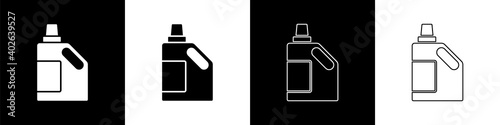 Set Plastic bottle for laundry detergent, bleach, dishwashing liquid or another cleaning agent icon isolated on black and white background. Vector.